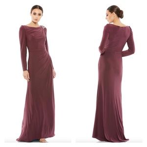 Mac Dugall Mauve Long-sleeve Draped Jersey Sheath Gown